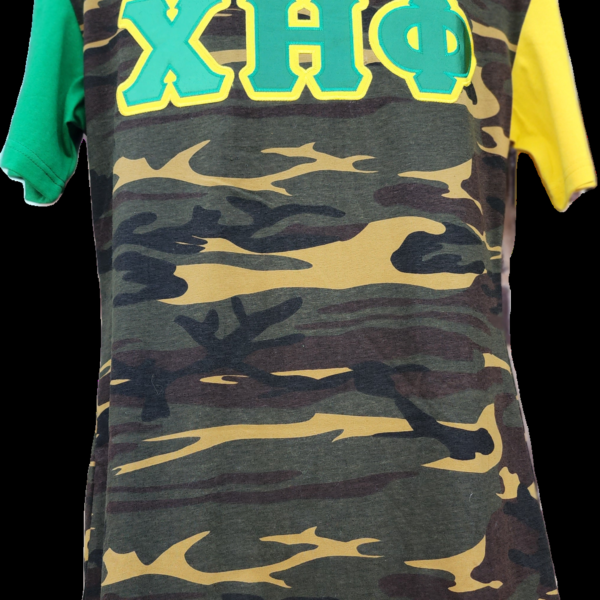 Chi Eta Phi Camoflauge T-Shirt with Greek Letters Yellow/Green Short Sleeve